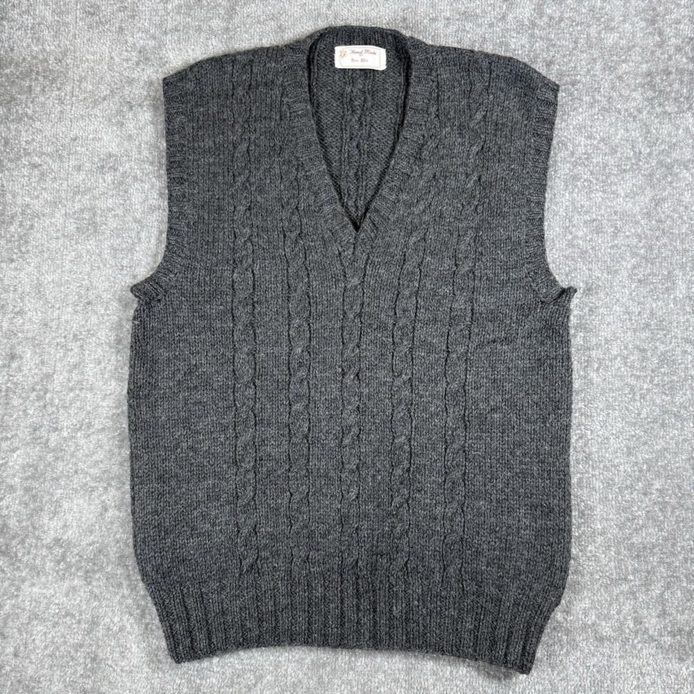Vintage Handmade Wool Sweater Vest Men's Medium Gray Cable Knit Academia Scandi